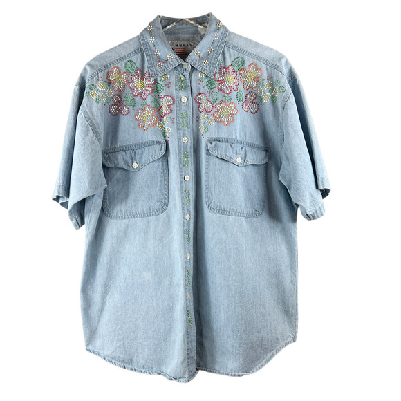 Vintage AMRAV American Rave Chambray Floral Puff Paint Short Sleeve Button Down - Picture 1 of 7